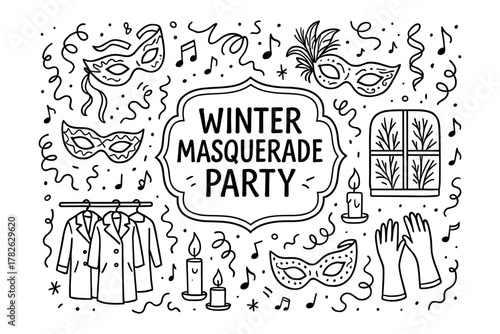 Winter masquerade party invitation with doodle style masks and winter elements