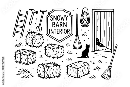 Cozy barn interior with hay bales and rustic tools in winter setting
