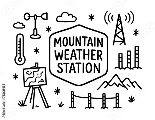 Mountain weather station line art featuring instruments and landscape elements