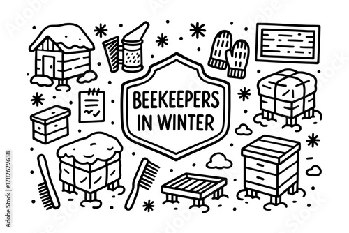 Winter beekeeping essentials: cozy hive, warm clothing, and honey production tools in doodle art