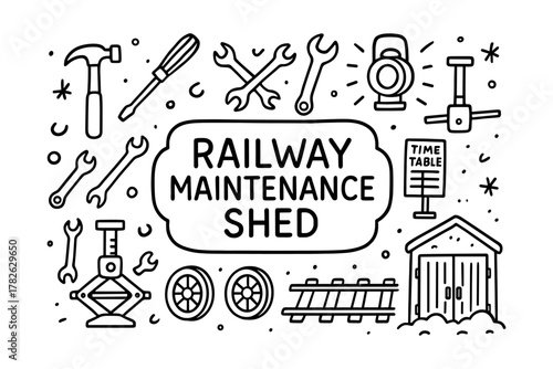 Railway maintenance shed tools and equipment in linear style with doodle elements