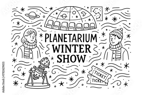 Family-friendly planetarium winter show with hand-drawn theme and celestial elements