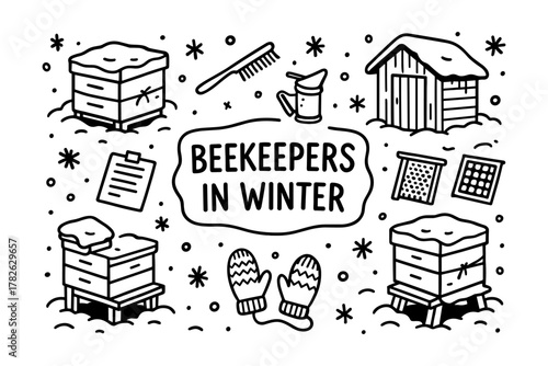 Winter beekeeping essentials: tools and hives in snowy outline design