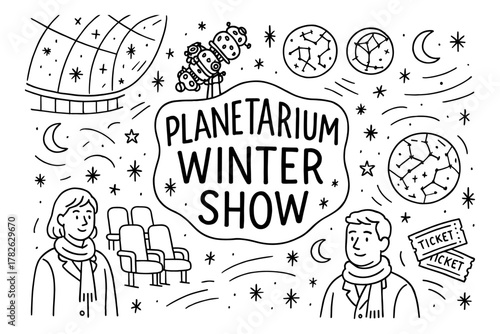 Hand-drawn planetarium winter show with astronauts and stars