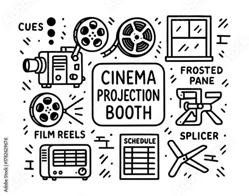 Cinema projection booth outline with vintage film equipment