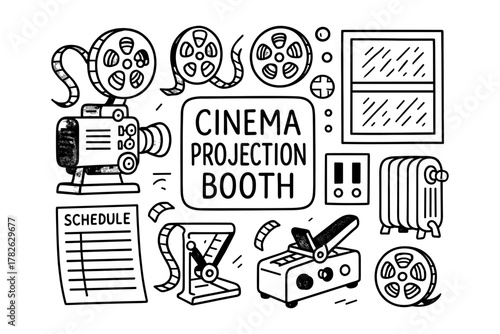 Vintage cinema projection booth elements in hand-drawn style