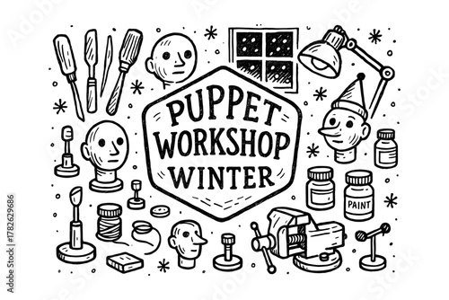 Hand-drawn puppet workshop design with winter elements and tools