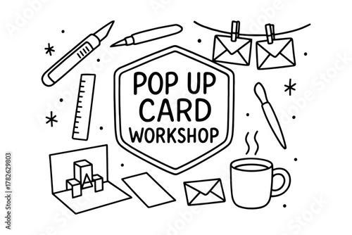 Creative pop-up card workshop line art with craft tools and accessories