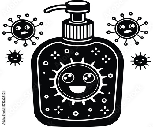 Happy sanitizer bottle icon with cartoon virus germs, alcohol-free foam hand sanitizer, protection from bacteria, on white background, health care concept, prevention