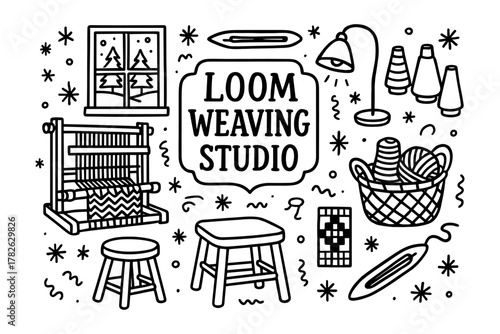 Cozy loom weaving studio with yarn and tools in black and white doodle style