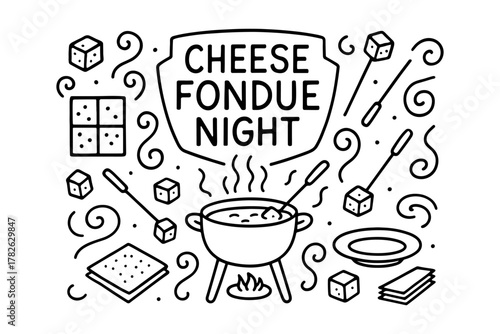 Cheese fondue night: black and white doodle with chef elements and culinary deco