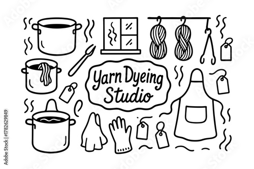 Yarn dyeing studio with hand drawn elements and tools