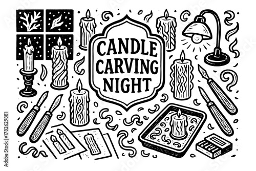 Candle carving night art design with tools and decorative elements