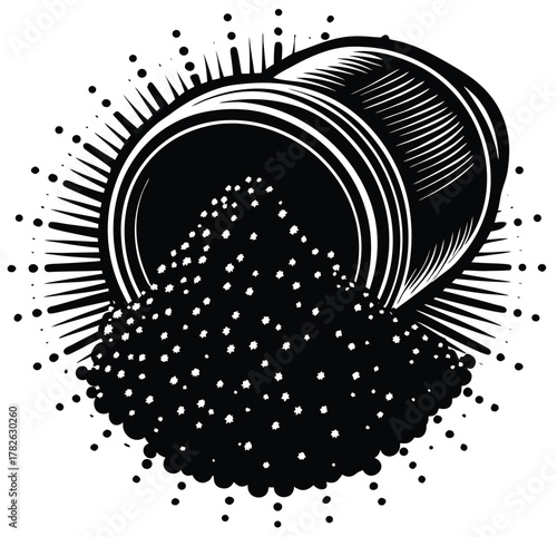 Abstract depiction of dark granular material spilling from a container, suggesting a powder or seed dispersal with radiating lines