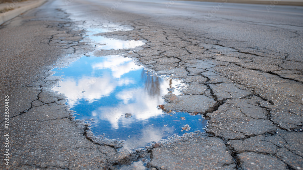 Fototapeta premium Cracked asphalt road filled with large potholes reflecting the overcast sky, muted colors of gray and blue, symbolizing decay and neglect