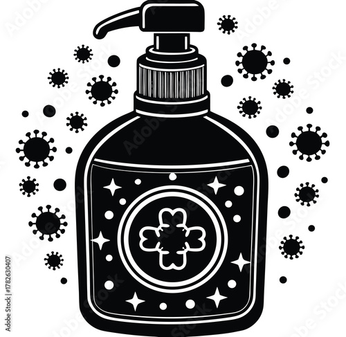 Hand sanitizer bottle illustration with coronavirus symbols, promoting hygiene and protection against germs and viruses, a visual representation of cleanliness and safety during a pandemic