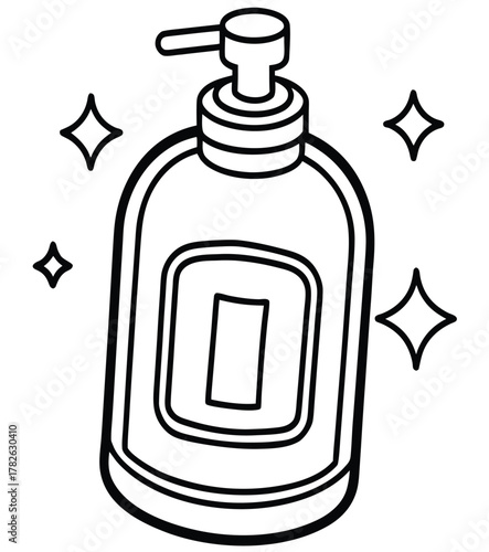 Cleanliness and Hygiene Essential Vector Outline Drawing of a Pump Dispenser Bottle for Liquid Soap, Hand Sanitizer, or Lotion, Emphasizing Freshness and Personal Care
