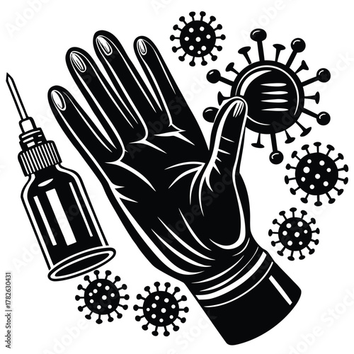 Detailed black and white illustration of medical equipment, including a gloved hand with a syringe, surrounded by stylized coronavirus particles, symbolizing vaccination and health measures