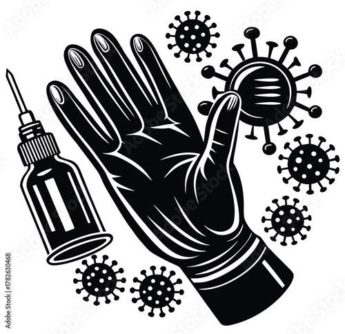 A powerful black and white graphic representing medical defense and inoculation, featuring a sterile gloved hand, a vaccine syringe, and surrounding viral cells on an isolated background