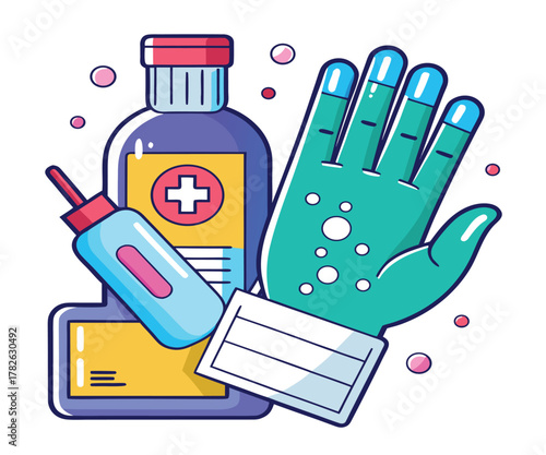 Disinfectant, Cleaning, and Protection Items Bottle, Applicator, Glove, and Wipe Vector Graphic