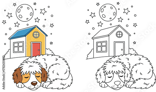 Cute Sleeping Dog and House Coloring Page for Kids - Night Sky with Stars and Moon