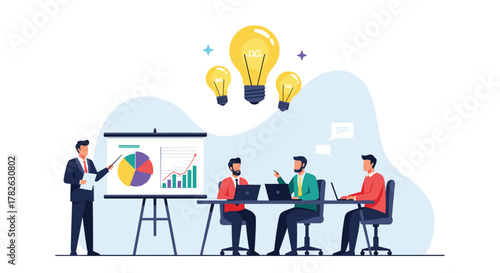 Business team analyzes data during a corporate presentation, collaboratively brainstorming new ideas for strategic growth and innovation.