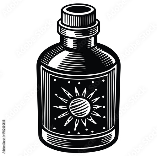 Black and white illustration of a glass bottle with a sun design label, symbolizing natural remedies, potions, or artisanal beverages, perfect for branding or design elements