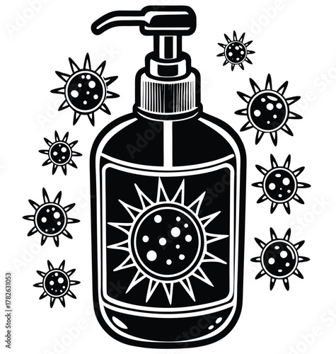 Black and white vector set of plastic bottles for soap, shampoo, and lotion with pump and spray dispenser on a white background
