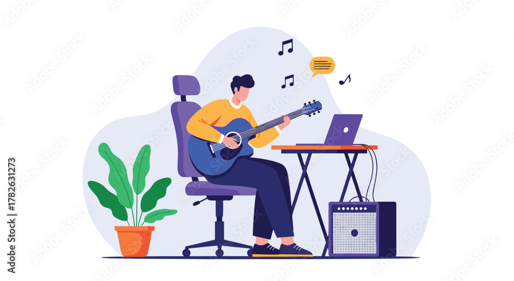 Fototapeta premium A man playing an acoustic guitar at home, using a laptop and an amplifier to create music or practice his hobby.