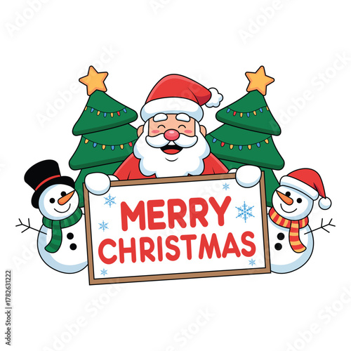Merry Christmas Holiday: Santa, Snowman, Reindeer, Tree, and Sleigh Celebration