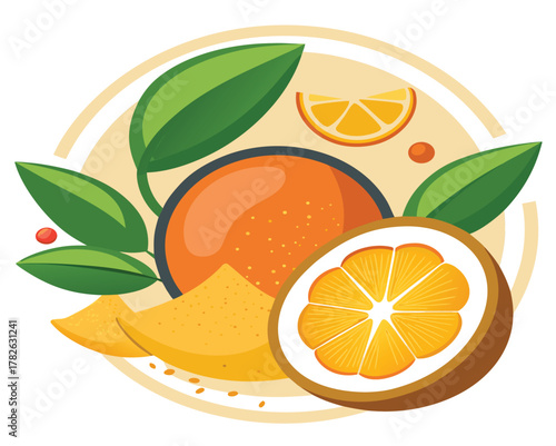 Vibrant illustration of fresh citrus fruits, a slice of orange, and green leaves, symbolizing healthy eating, natural ingredients, and refreshing beverages, perfect for food and wellness content