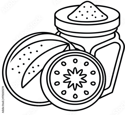 Contour Drawing Natural Food Preserving with Fresh Fruit & Jarred Jam for Healthy, Organic Diets & Chemical-Free Kitchens