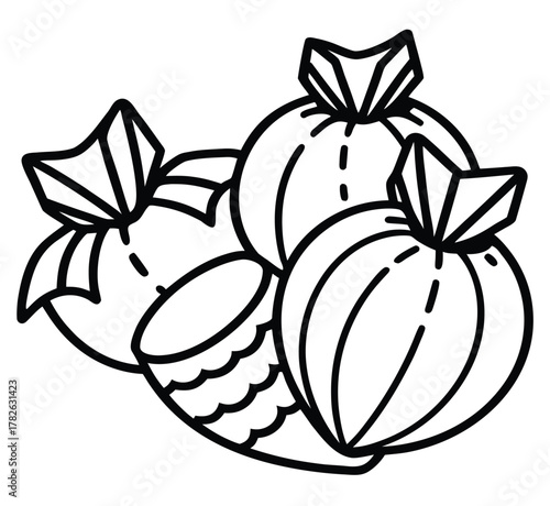 Hand-drawn collection of sweet fruit-flavored chewy candies, depicted as cheerful, cartoonish edibles in a delightful illustration, perfect for packaging and promotional designs