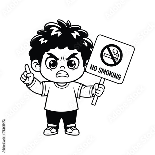 Angry cartoon boy holding a no smoking sign and wagging his finger in disapproval