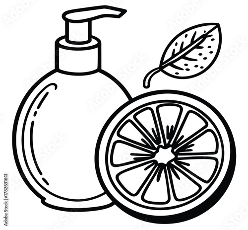 A simple line art illustration of a pump bottle of liquid soap or hand sanitizer with a fresh citrus slice and a leaf, representing natural and organic skincare products isolated on a white background
