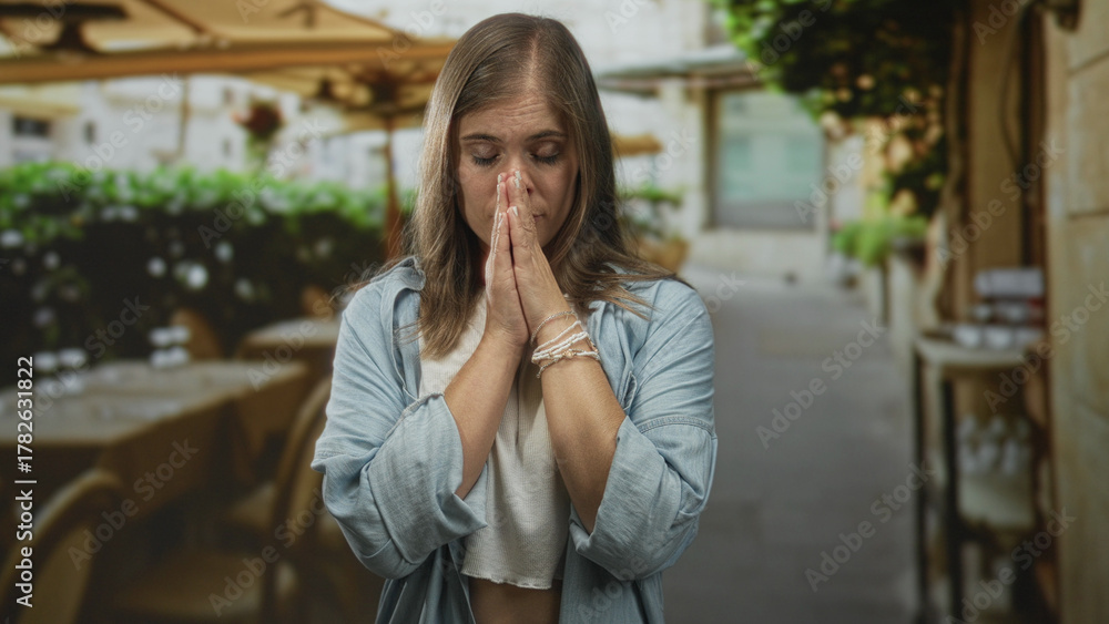 Fototapeta premium Blonde woman praying with folded hands on a sunlit restaurant terrace outdoors under a canopy accentuating her tearful expression; hope.