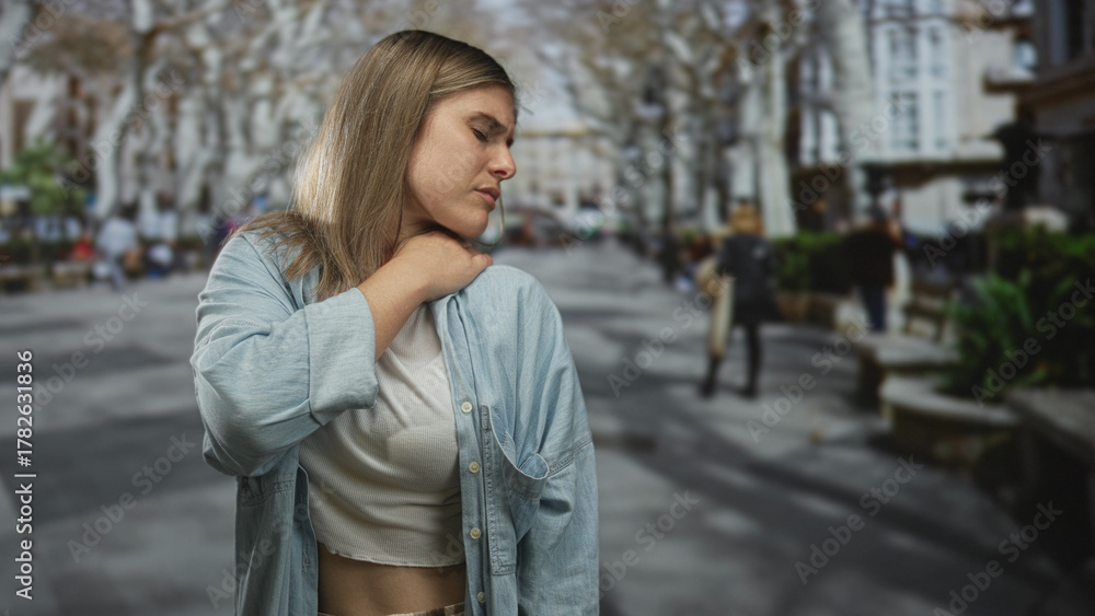 Fototapeta premium Woman holding neck in pain on busy city street with blurred pedestrians, benches, and bare trees; discomfort.