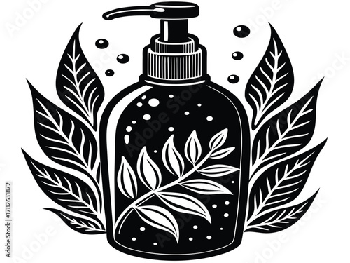 A sleek black pump bottle of herbal foam sanitizer, adorned with delicate leafy branches and surrounded by lush foliage, against a clean white background, evoking natural freshness and hygiene