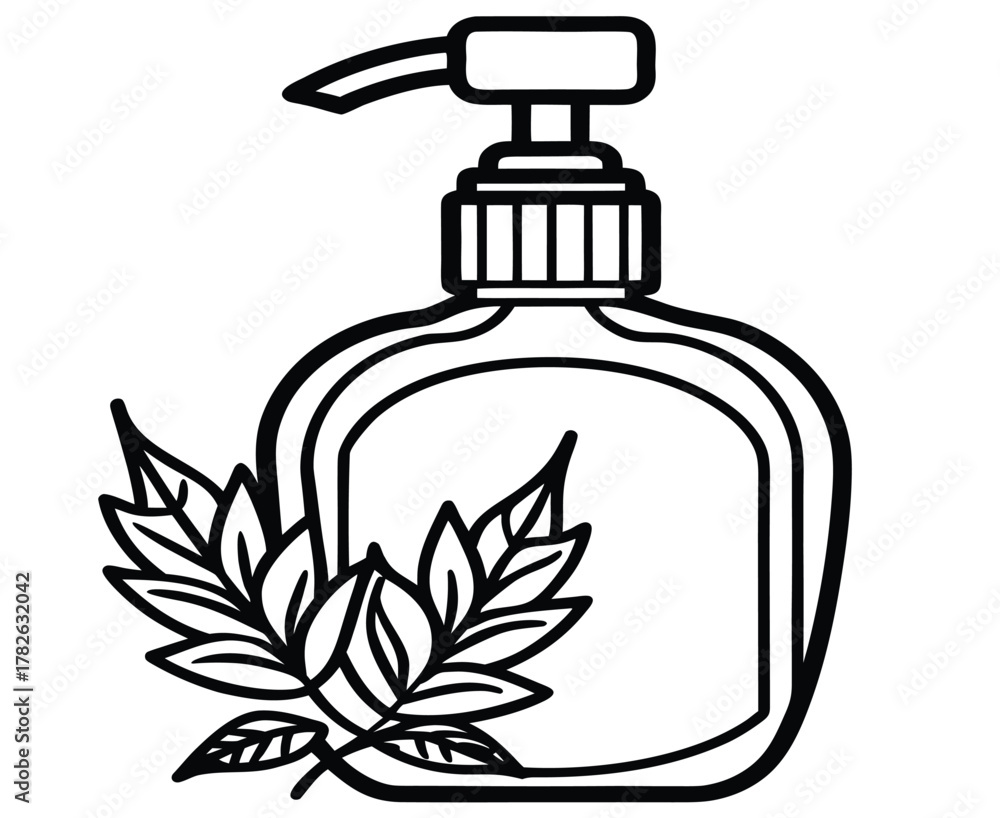 Obraz premium A detailed illustration of a liquid soap dispenser with herbal leaves, highlighting the concept of natural and gentle cleansing for skin care. Perfect for health and wellness