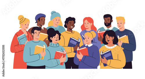 A diverse group of cheerful men and women holding books, symbolizing community, learning, and the joy of reading.