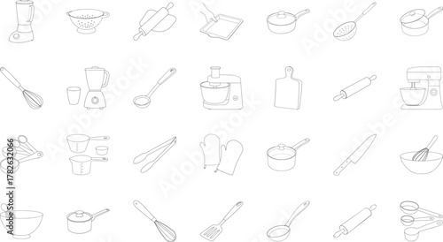 collection of cooking  icons and objects vector illustration spatula, spoons, chef knife, cooking pot with a lid and handle, cooking pot, digital timer, frying pan