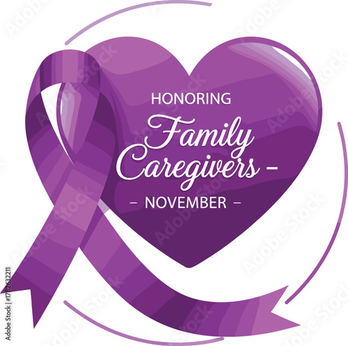 Family caregiver awareness icon vector—purple heart with ribbon and November tribute for compassion, support, and advocacy compositions