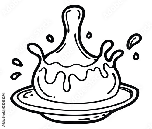 Dynamic monochrome illustration showcasing a lively liquid splash gushing upward from a serving dish, characterized by fluid lines and energetic movement, perfect for vibrant graphic design