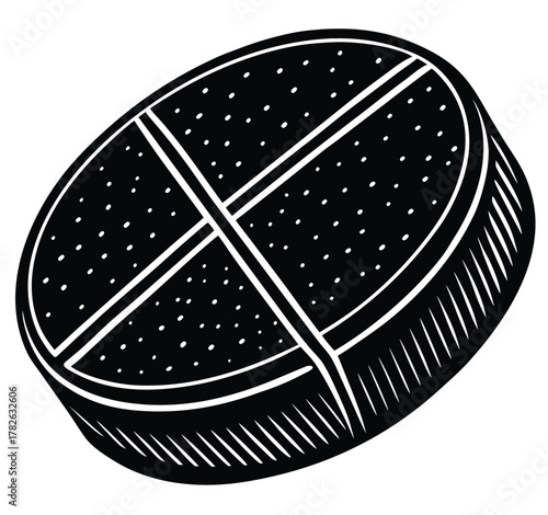 A black and white woodcut-style illustration of a round pill or tablet divided into quarters by two intersecting lines, speckled with numerous small dots, presented against a plain white background