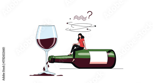 A woman experiencing dizziness sits on an overturned wine bottle as red wine spills into a glass.