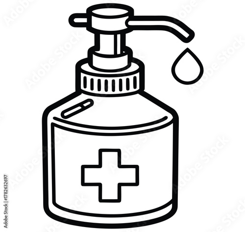Vector illustration of a hospital-grade antiseptic hand sanitizer in a pump dispenser bottle with a medical cross, dispensing a single drop of cleaning gel, isolated on a white background