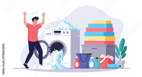 Distressed man faces a massive laundry problem as his washing machine spills water and foam onto the floor during a household chore.