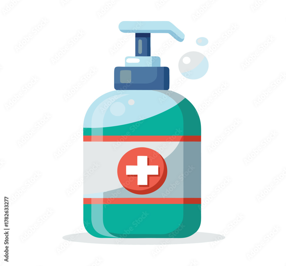Fototapeta premium Illustration of Hand Sanitizer with a Red Cross Sign A Hygiene Essential for Cleanliness and Health