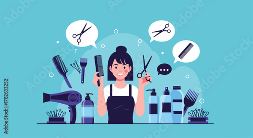 A cheerful female hairdresser holds a comb and scissors, surrounded by professional styling tools and hair care products, ready for work.
