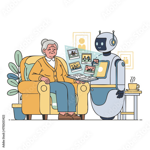 Vector illustration of a joyful elderly person viewing a holographic family album projected by a caring robot companion. Emotional and warm futuristic caregiving scene, clean and minimal on white back